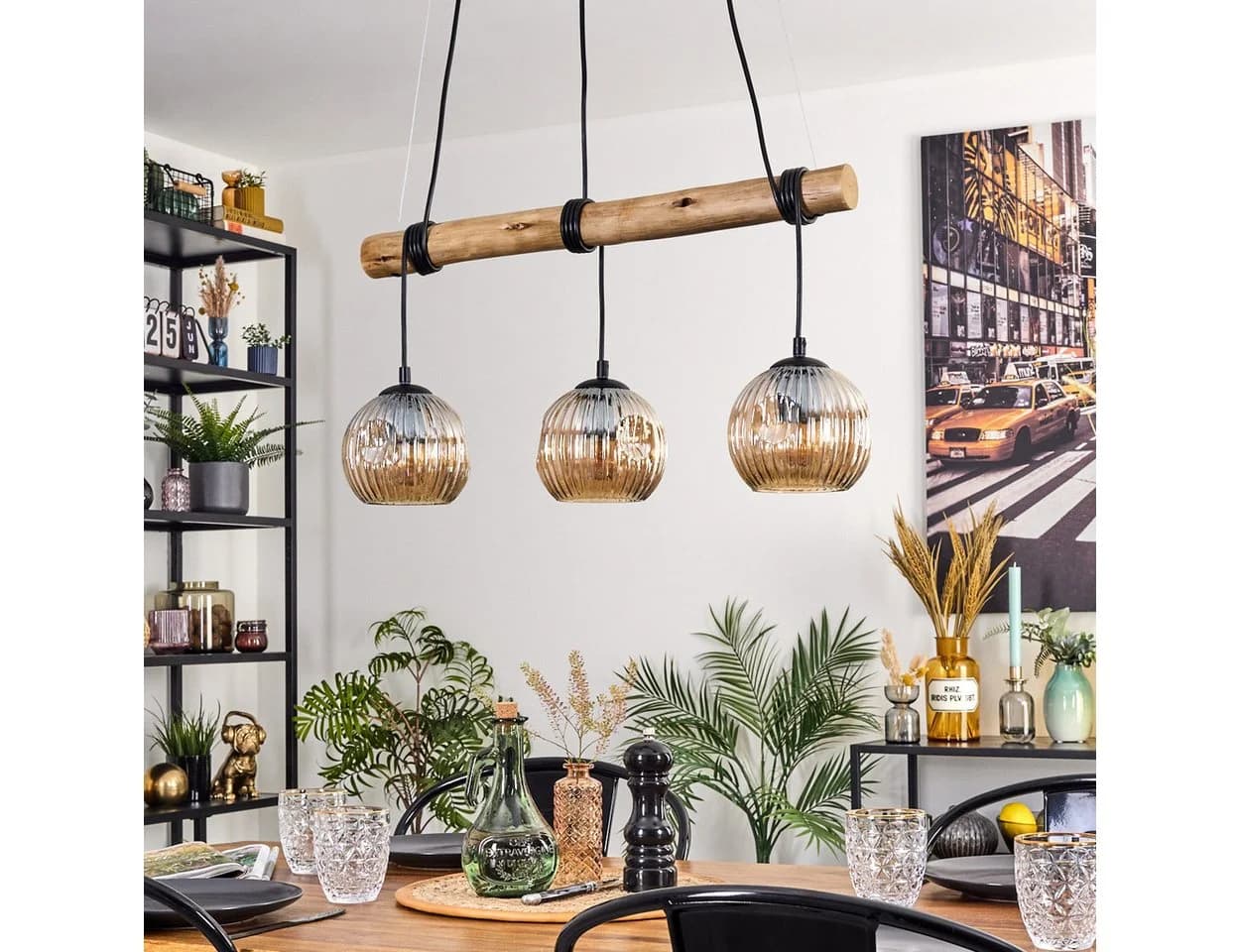 hofstein Pendelleuchte Hängelampe Metall Holz Riffelglas Retro Boho Design