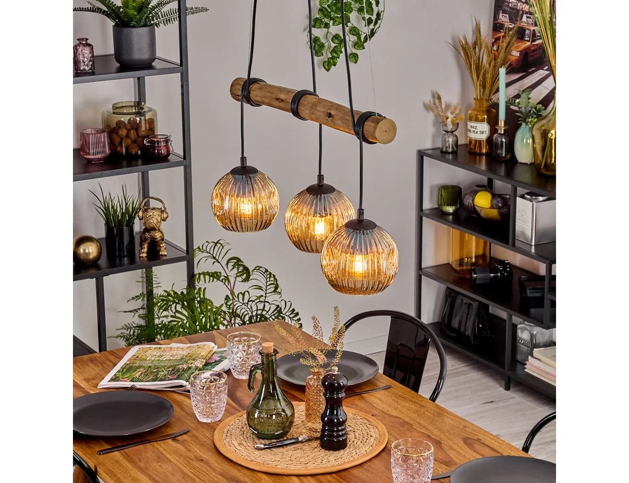 hofstein Pendelleuchte Hängelampe Metall Holz Riffelglas Retro Boho Design - Bild 2