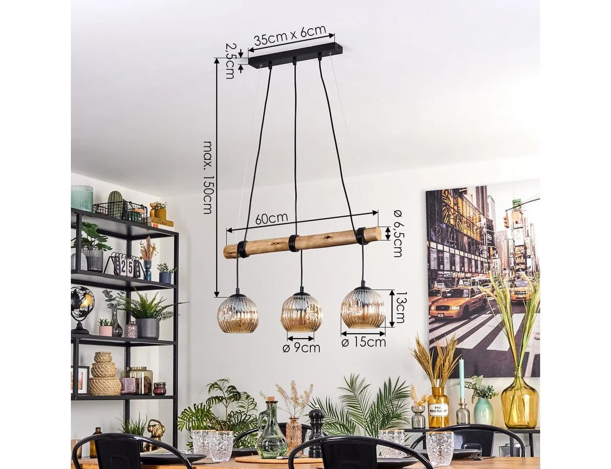 hofstein Pendelleuchte Hängelampe Metall Holz Riffelglas Retro Boho Design - Bild 4