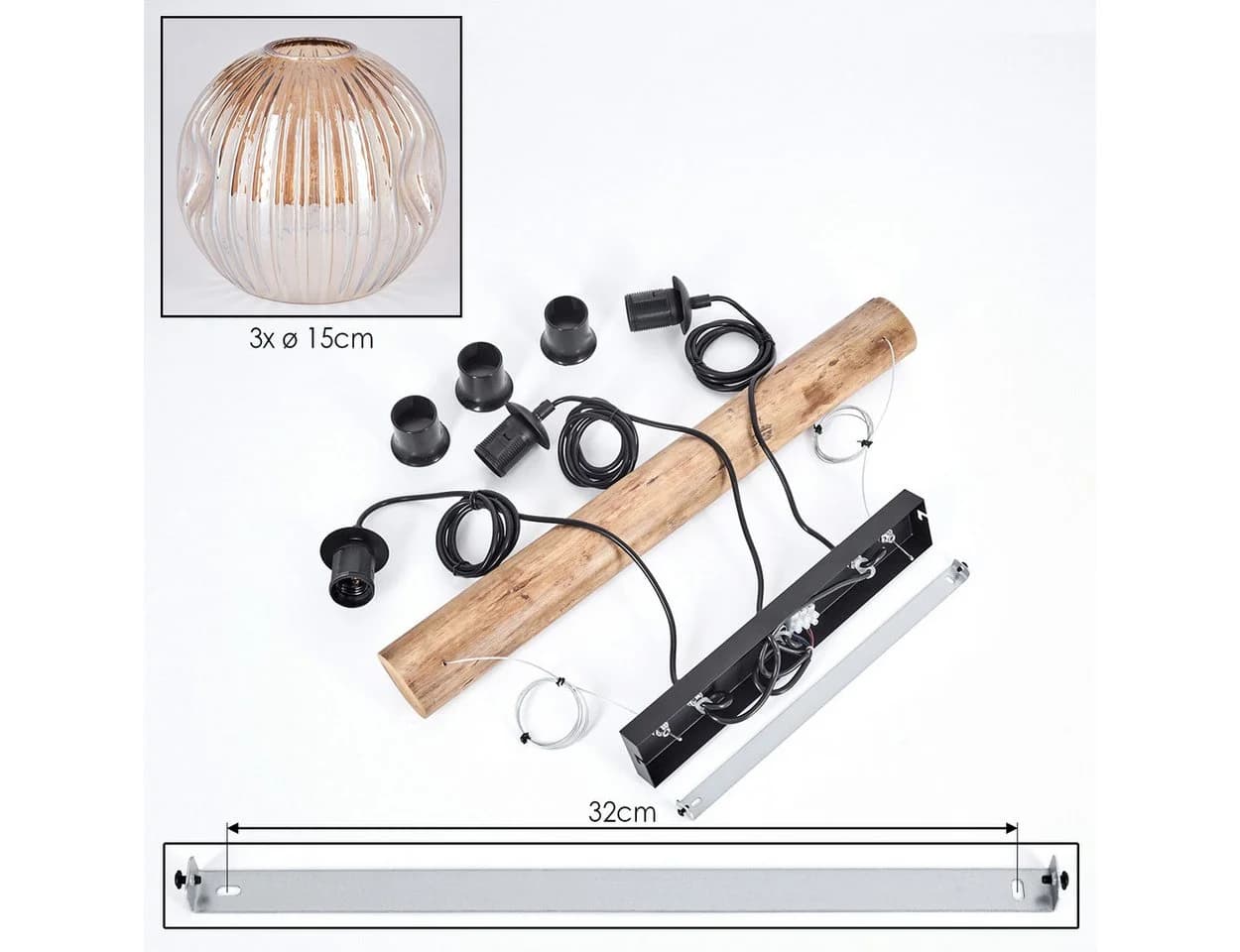 hofstein Pendelleuchte Hängelampe Metall Holz Riffelglas Retro Boho Design - Bild 5