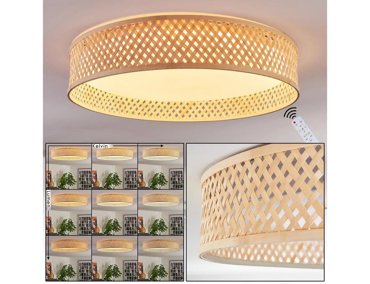 hofstein Deckenleuchte Boho-Design Bambus Metall Kunststoff Weiß Natur - Bild 2