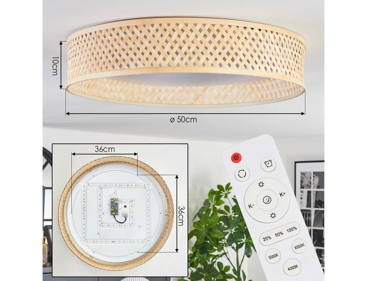 hofstein Deckenleuchte Boho-Design Bambus Metall Kunststoff Weiß Natur - Bild 4
