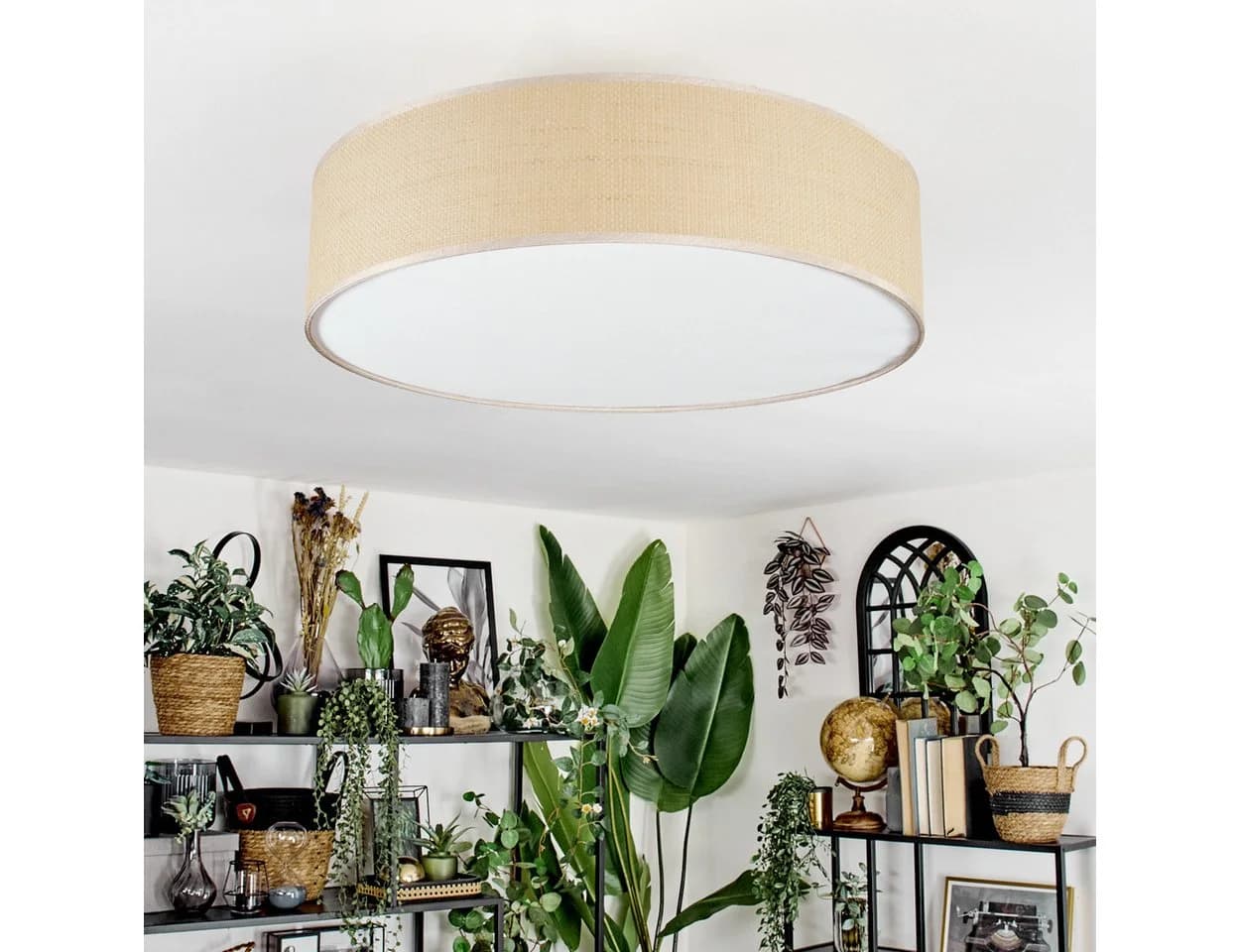 hofstein Deckenleuchte Metall/Papiergeflecht/Stoff Nickel-matt/Natur Boho Leuchte 50 cm E27