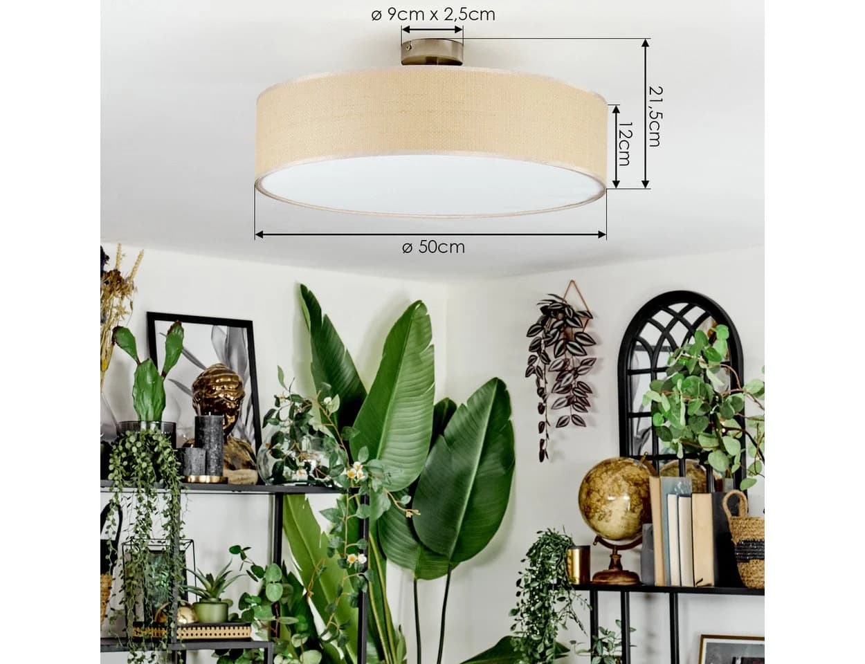 hofstein Deckenleuchte Metall/Papiergeflecht/Stoff Nickel-matt/Natur Boho Leuchte 50 cm E27 - Bild 4
