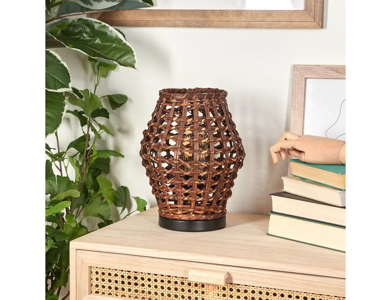 hofstein Tischleuchte Tischlampe aus Metall/Rattan Schwarz/Braun Vintage-Boho-Design