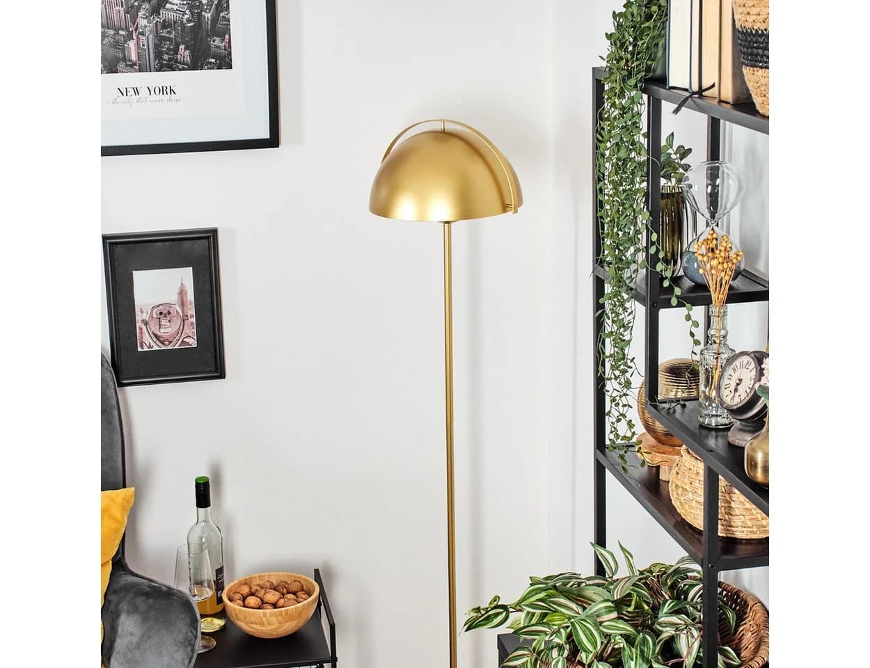 hofstein Stehlampe Gold Metall Retro Design Fußschalter E27