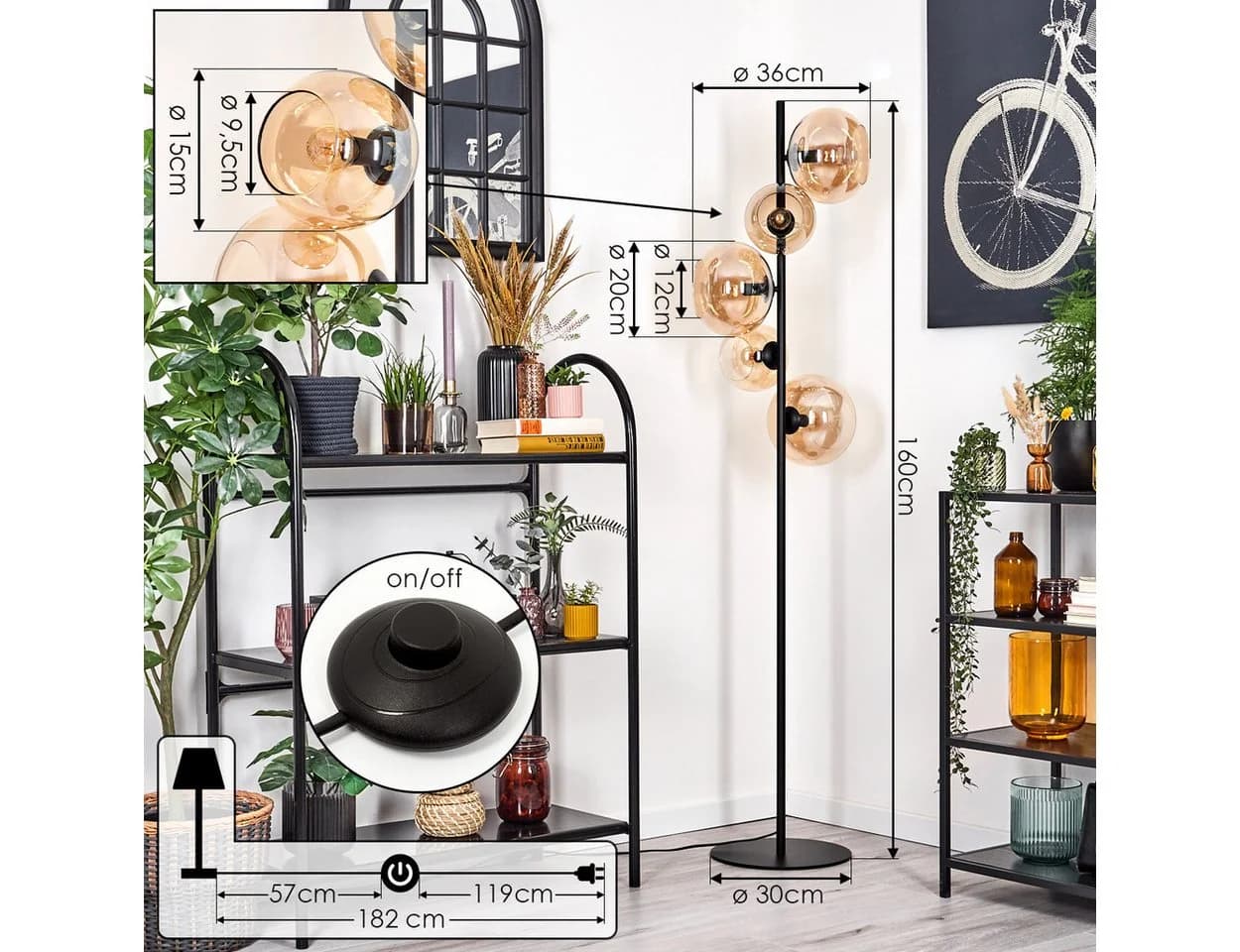 hofstein Stehlampe Schwarz/Bernstein Retro Design mit Fußschalter - Bild 4