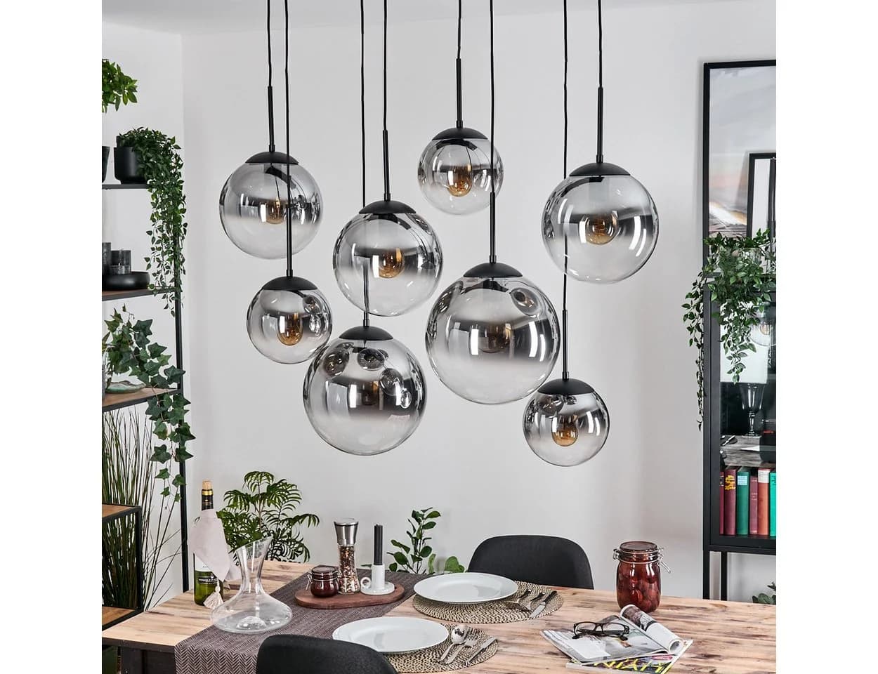 hofstein Hängeleuchte Metall/Glas Schwarz/Rauchfarben/Klar 8xE27