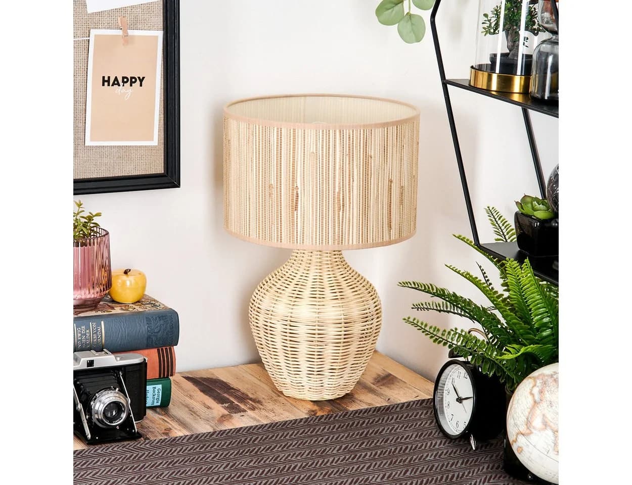 hofstein Tischleuchte Rattan Seegras Beige Retro Vintage E27