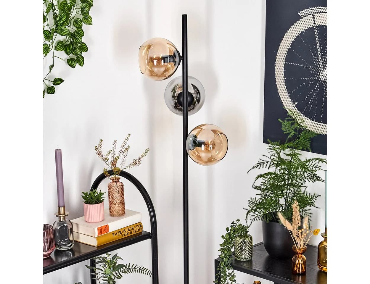 hofstein Stehlampe Retro/Vintage Metall/Glas Schwarz/Chrom mit Fußschalter