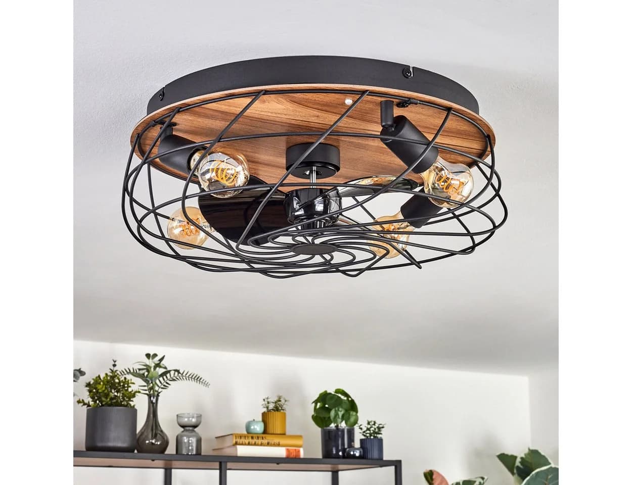 hofstein Deckenventilator mit LED-Beleuchtung Schwarz/Holzoptik Retro Design