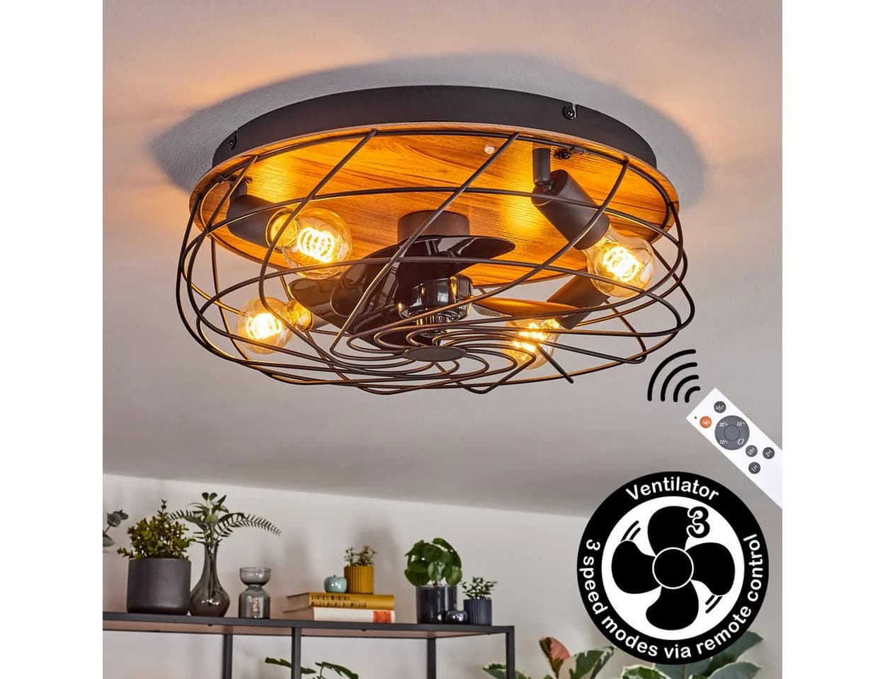 hofstein Deckenventilator mit LED-Beleuchtung Schwarz/Holzoptik Retro Design - Bild 2