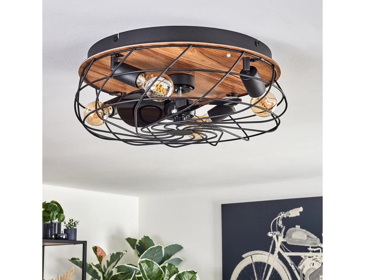 hofstein Deckenventilator mit LED-Beleuchtung Schwarz/Holzoptik Retro Design - Bild 4