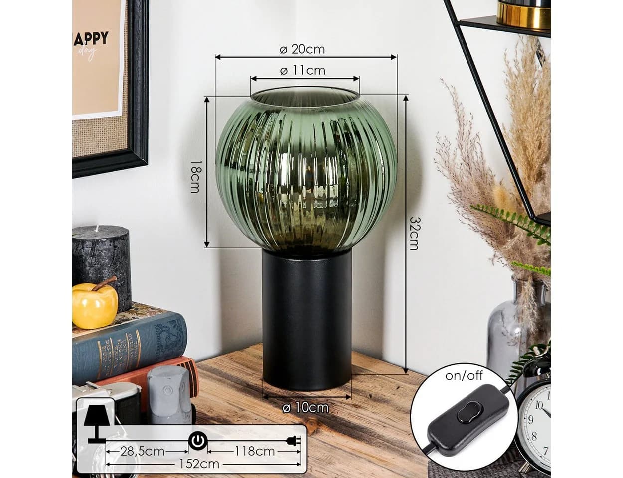 hofstein Tischleuchte Tischlampe Metall/Riffelglas Schwarz/Grün E27 - Bild 4