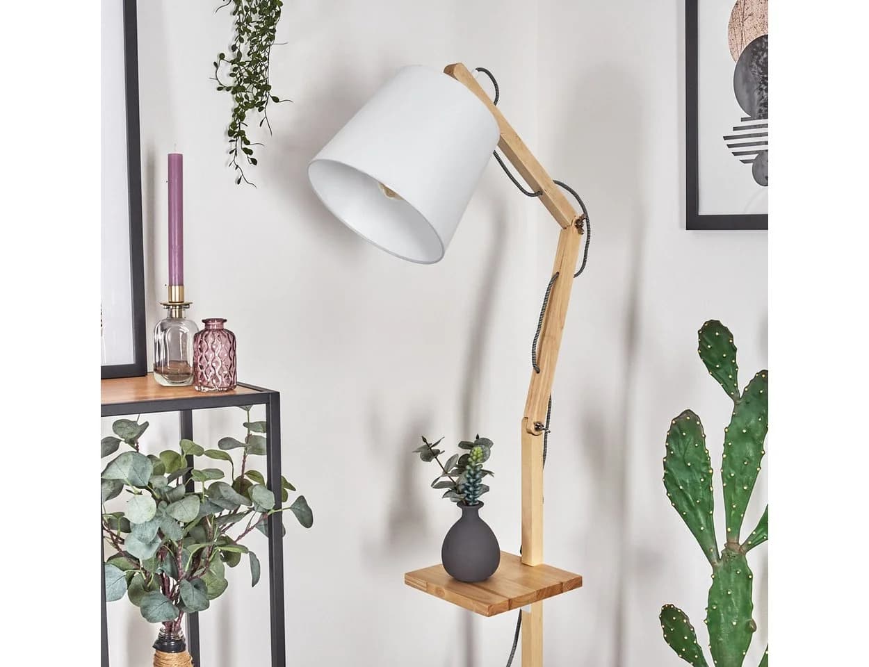 hofstein Stehlampe Holz Metall Stoff Boho Weiß Verstellbar E27