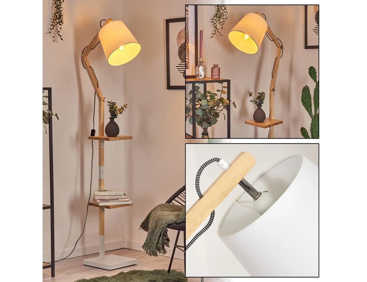 hofstein Stehlampe Holz Metall Stoff Boho Weiß Verstellbar E27 - Bild 2