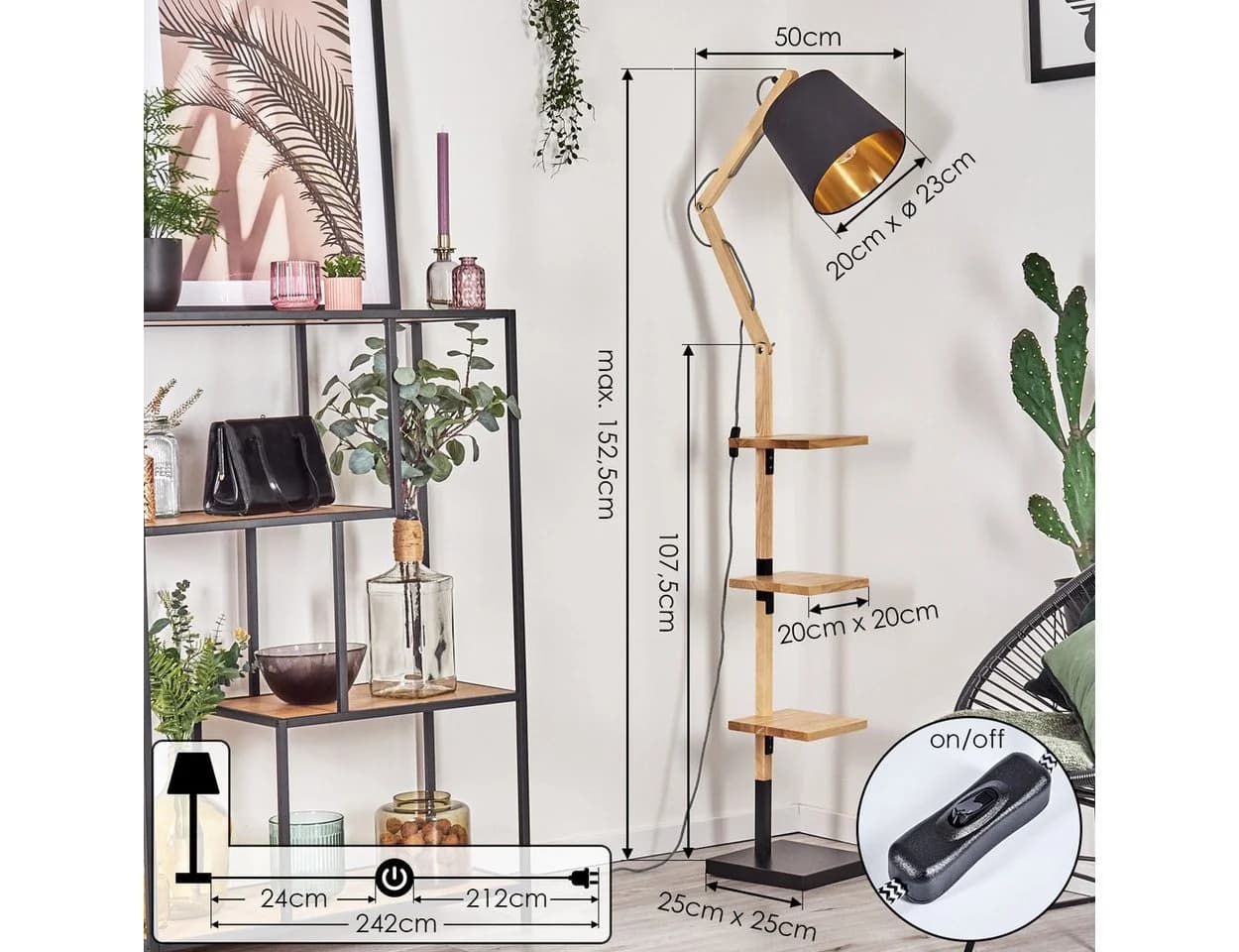 Elegante Stehlampe aus Holz, Metall und Stoff - Bild 4