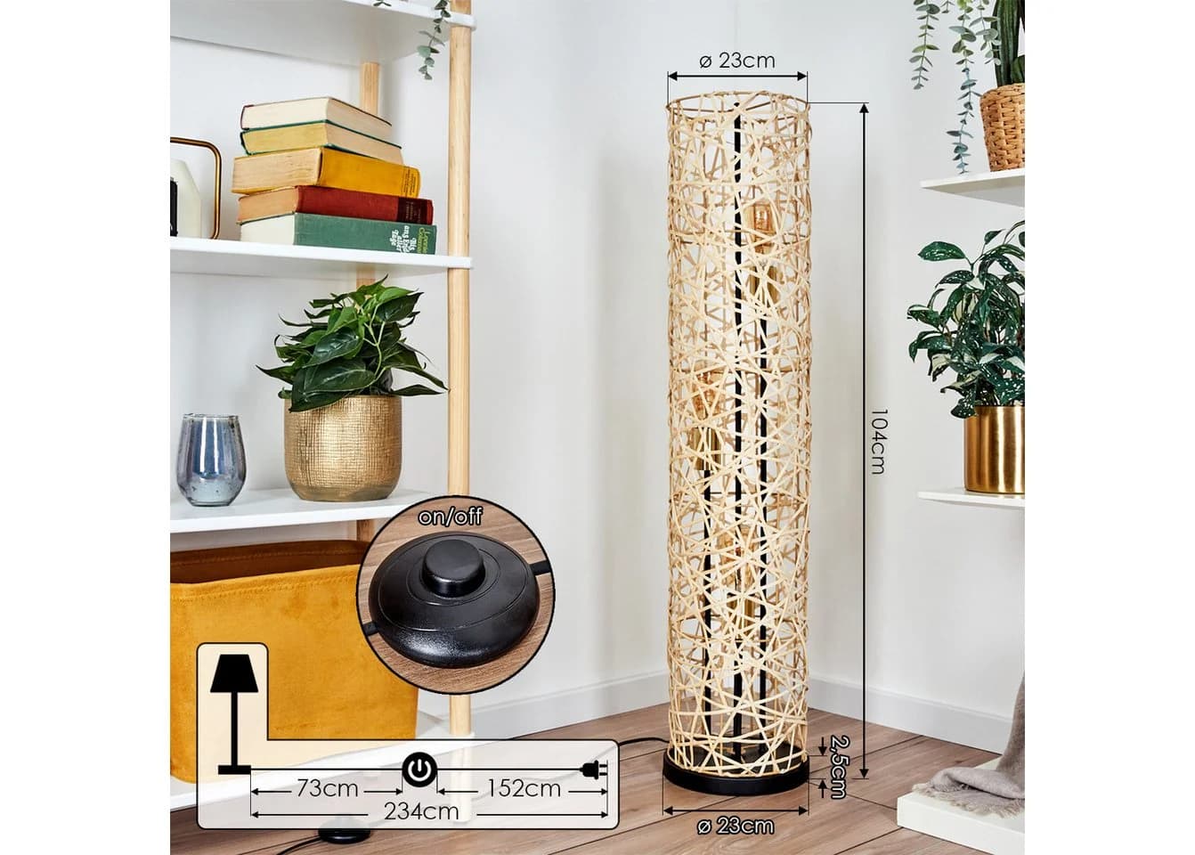 hofstein Stehlampe Metall/Bambus Schwarz/Gold/Natur E27 - Bild 4