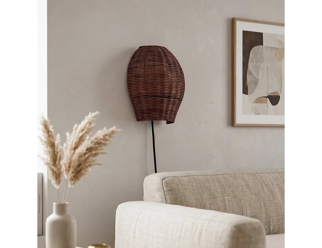 hofstein Wandleuchte Wandlampe Boho-Design Metall/Rattan Schwarz/Dunkelbraun E27