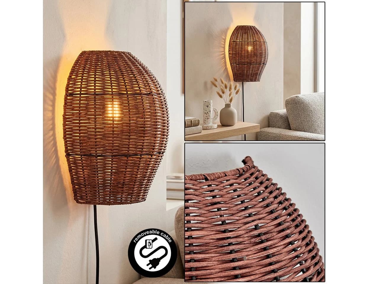 hofstein Wandleuchte Wandlampe Boho-Design Metall/Rattan Schwarz/Dunkelbraun E27 - Bild 2