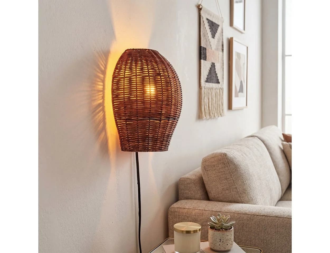 hofstein Wandleuchte Wandlampe Boho-Design Metall/Rattan Schwarz/Dunkelbraun E27 - Bild 3