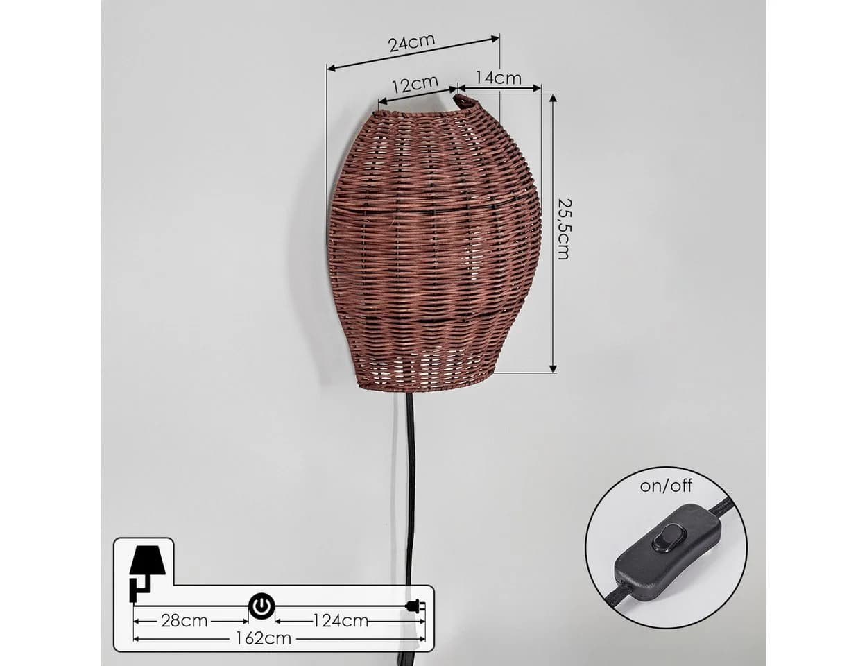 hofstein Wandleuchte Wandlampe Boho-Design Metall/Rattan Schwarz/Dunkelbraun E27 - Bild 4