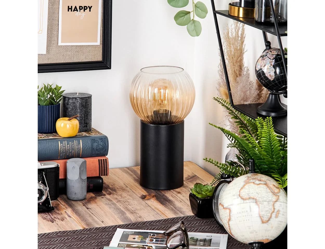 hofstein Tischleuchte Retro Design Metall Riffelglas Schwarz Bernstein E27