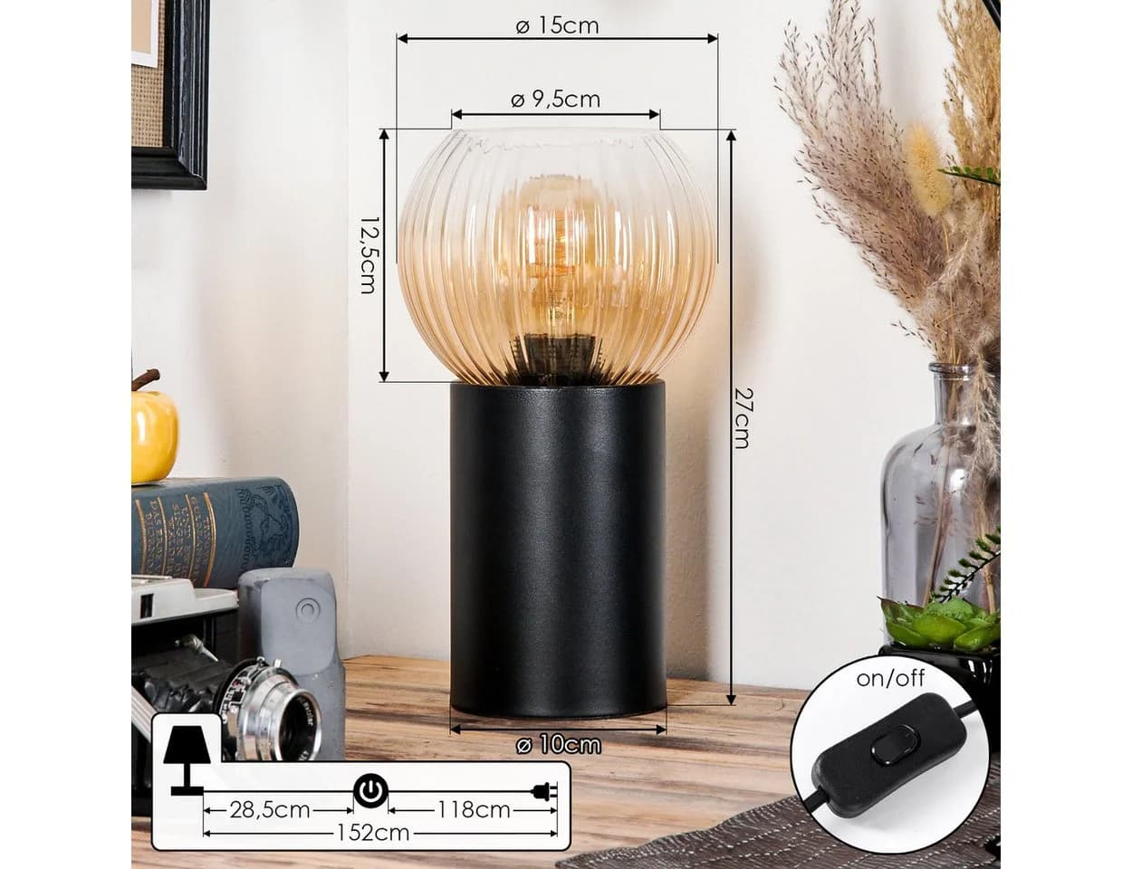 hofstein Tischleuchte Retro Design Metall Riffelglas Schwarz Bernstein E27 - Bild 4