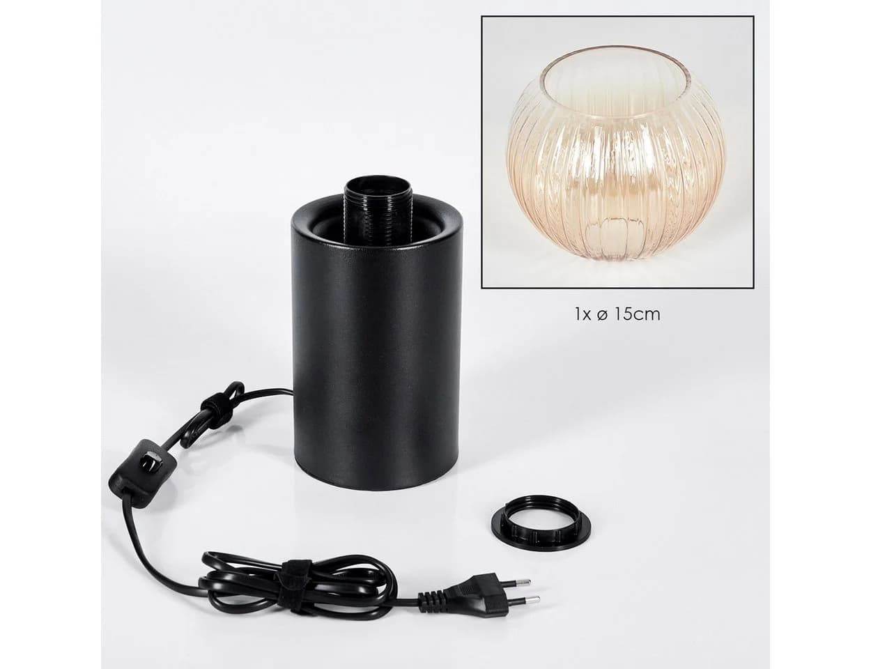 hofstein Tischleuchte Retro Design Metall Riffelglas Schwarz Bernstein E27 - Bild 5