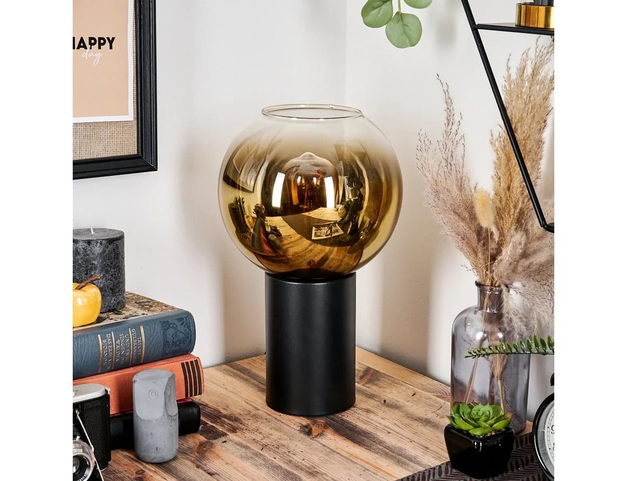 hofstein Tischleuchte Metall/Glas Schwarz/Gold Retro