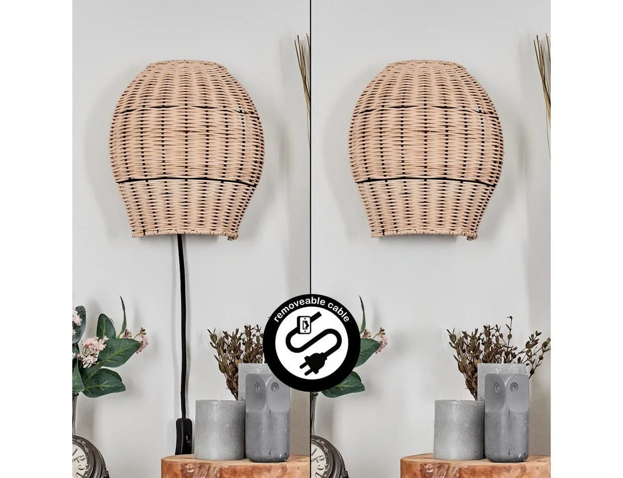 hofstein Wandleuchte Schwarz/Natur Metall/Rattan Boho-Design E27