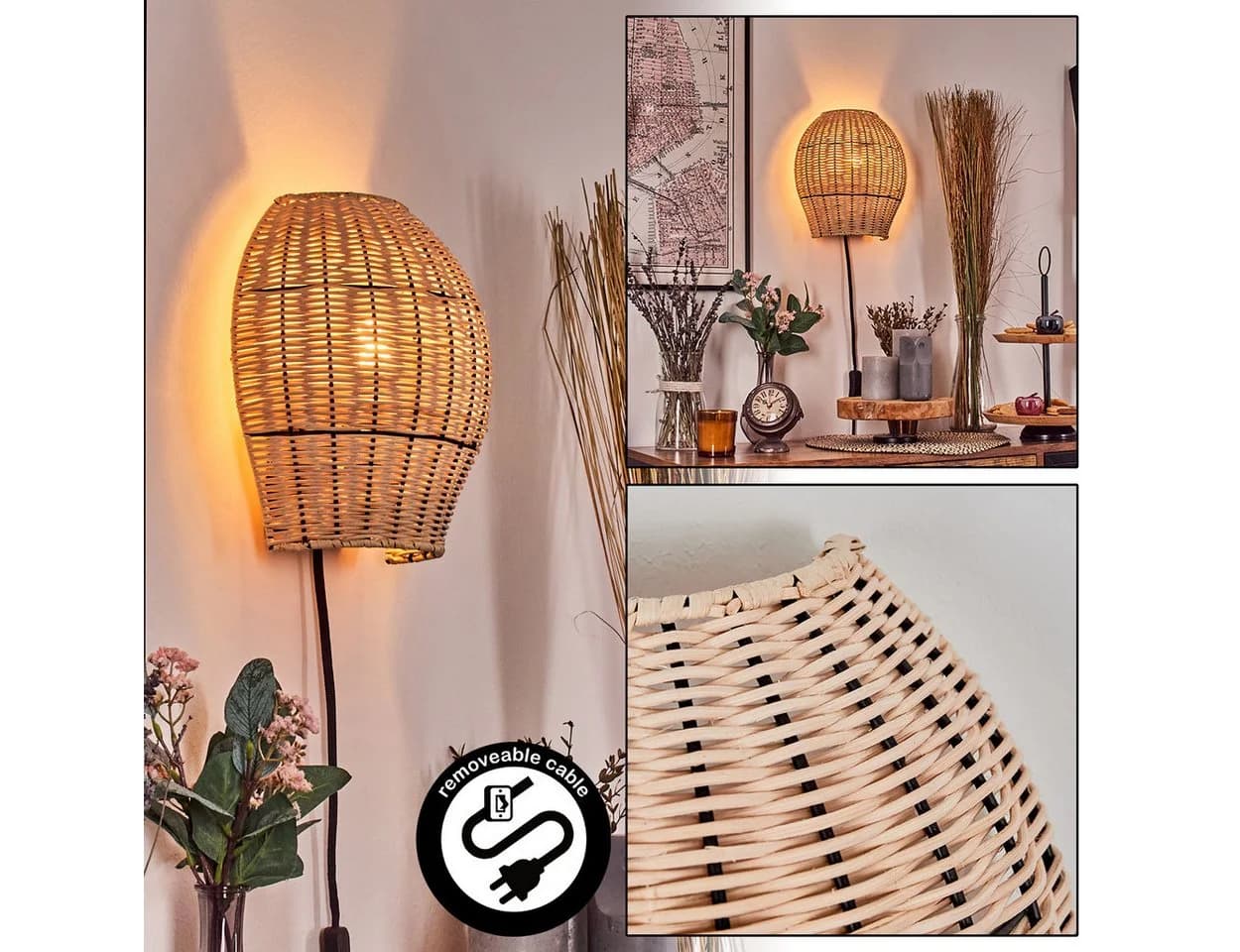 hofstein Wandleuchte Schwarz/Natur Metall/Rattan Boho-Design E27 - Bild 2