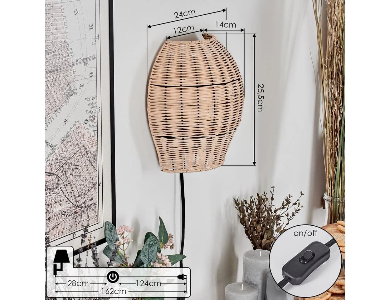 hofstein Wandleuchte Schwarz/Natur Metall/Rattan Boho-Design E27 - Bild 4