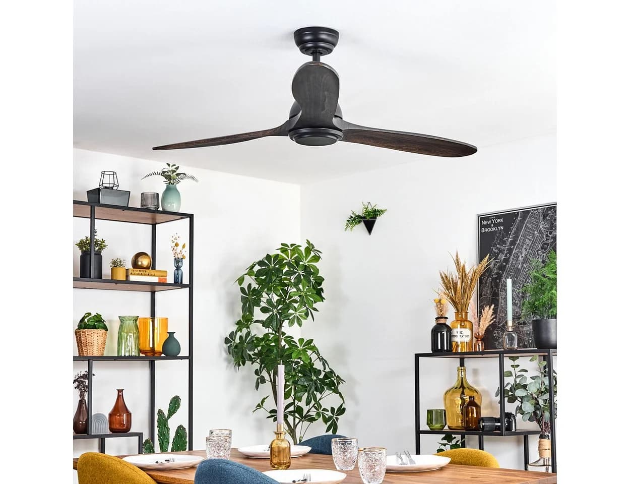 hofstein Deckenventilator mit Beleuchtung Schwarz/Mahagoni 116 cm