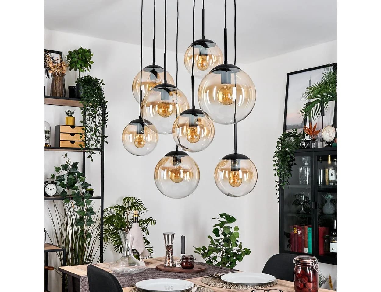 hofstein Hängeleuchte 8x E27 Schwarz/Bernstein Metall/Glas Retro Design