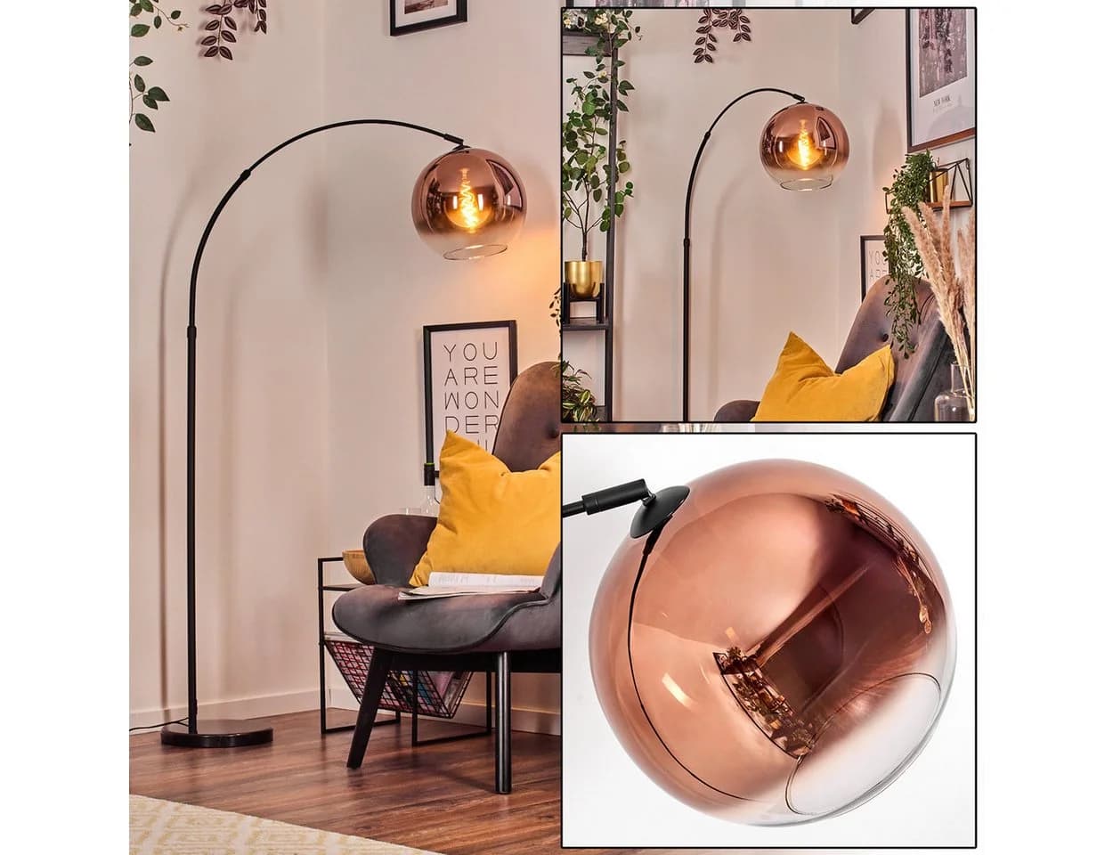 hofstein Bogenlampe Stehlampe Schwarz/Kupfer mit Marmorfuß - Bild 2