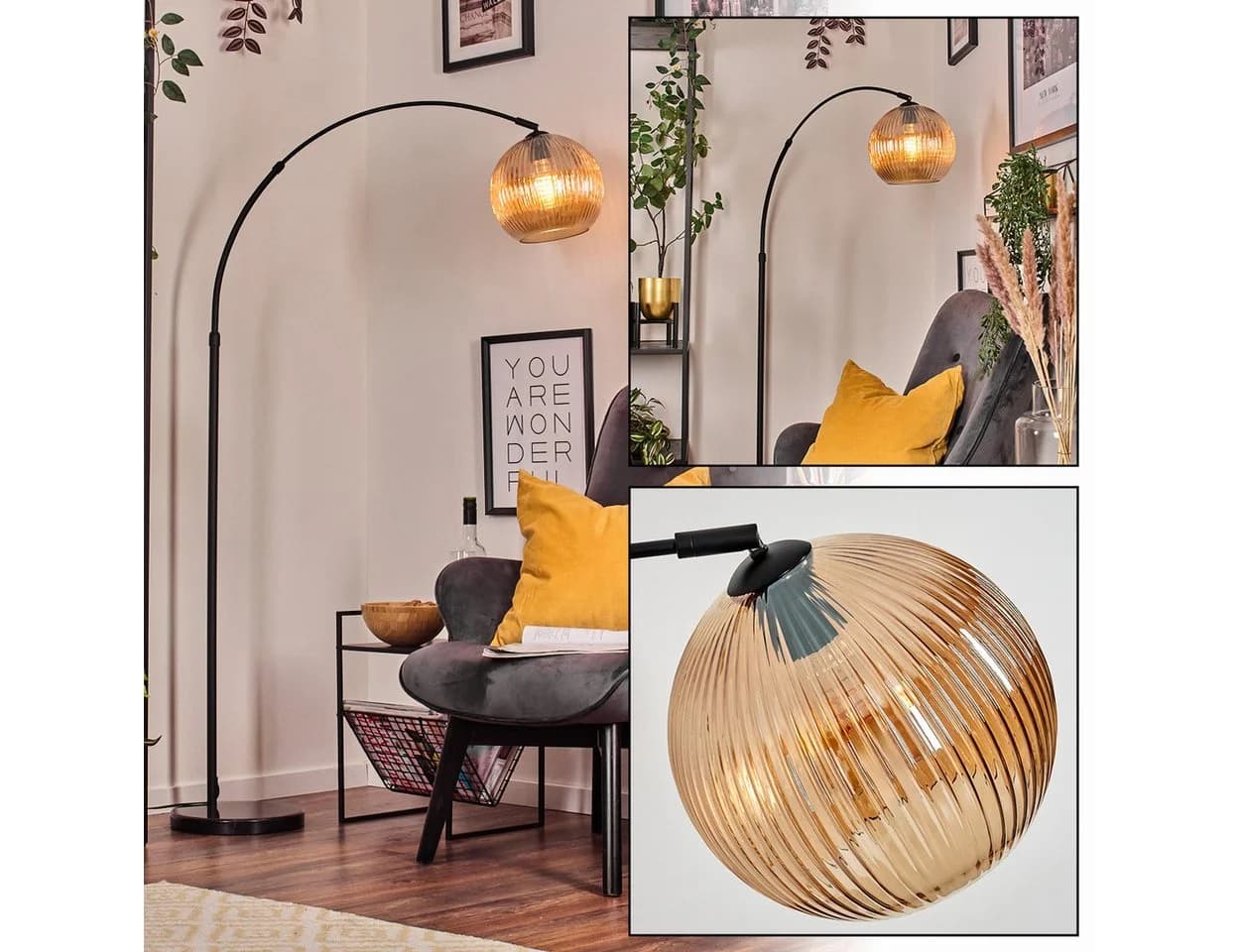 hofstein Stehlampe Metall/Riffelglas Schwarz/Bernstein Marmorfuß verstellbar - Bild 2