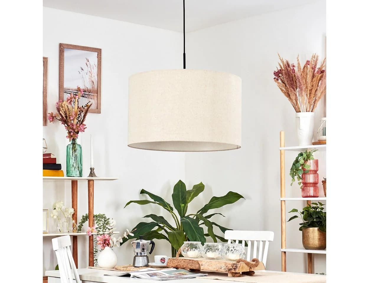 hofstein Hängeleuchte Modern Beige Weiß Metall Stoff