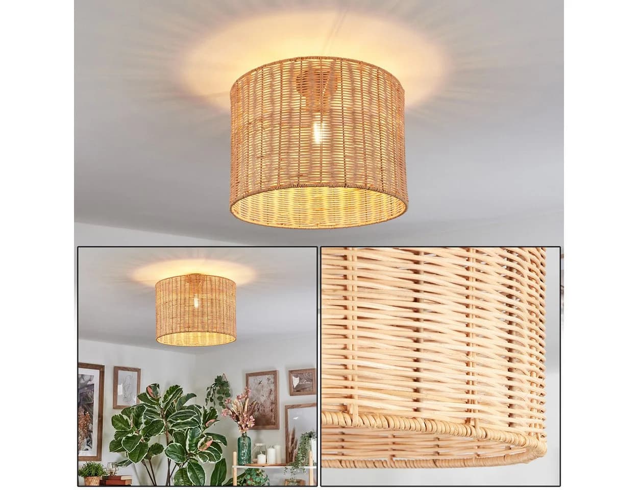 hofstein Deckenleuchte Boho Metall Rattan Schwarz Naturfarben E27 - Bild 2