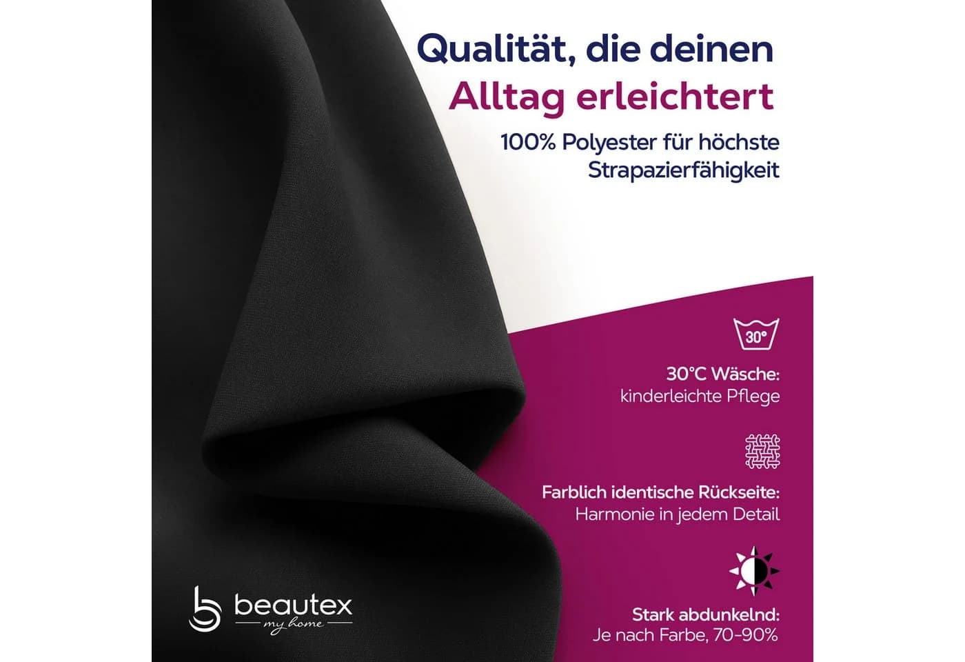 Beautex Verdunkelungsvorhang Schwarz Kräuselband blickdicht