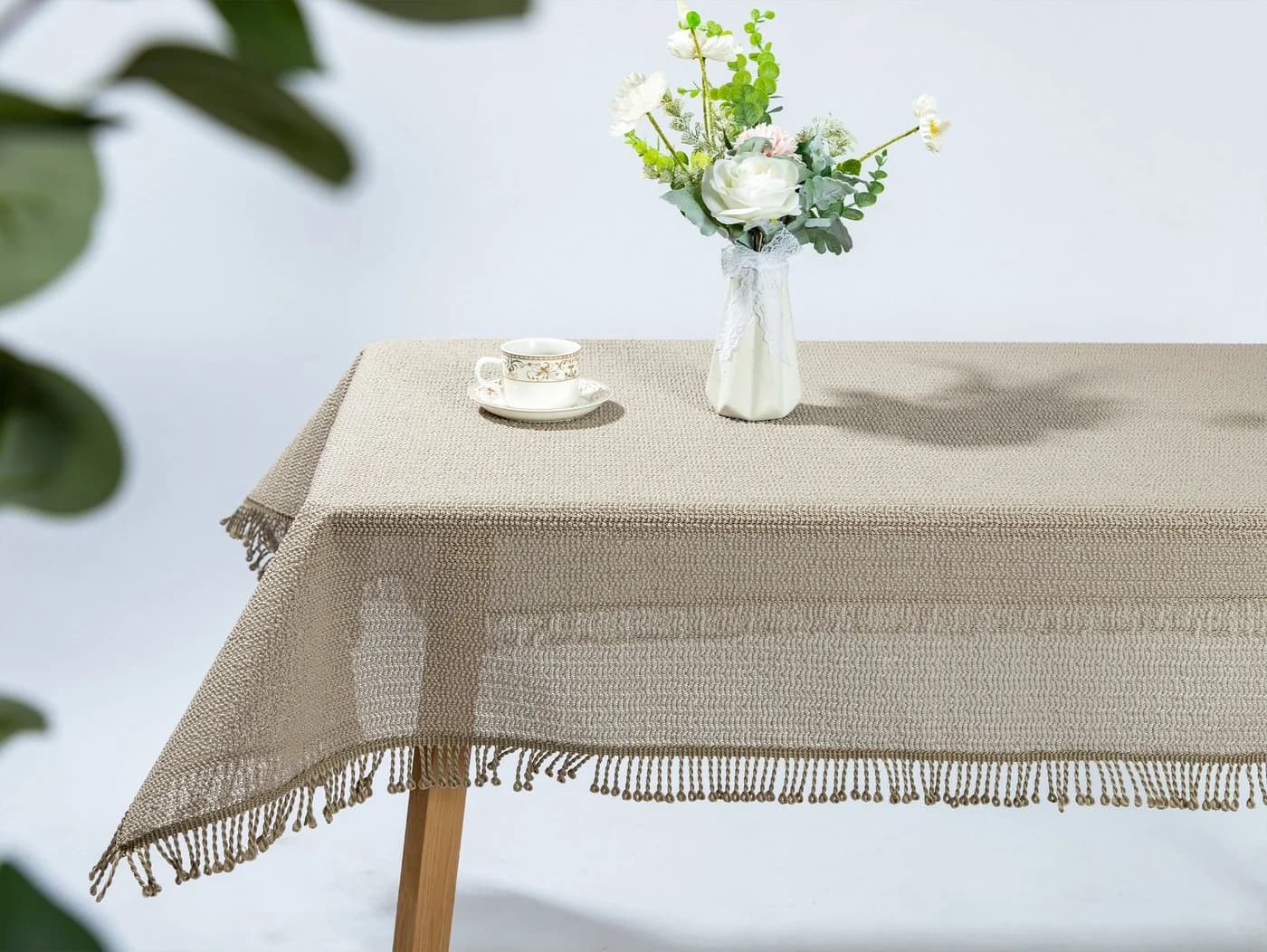 Beautex Gartentischdecke Weichschaum Beige mit Fransen