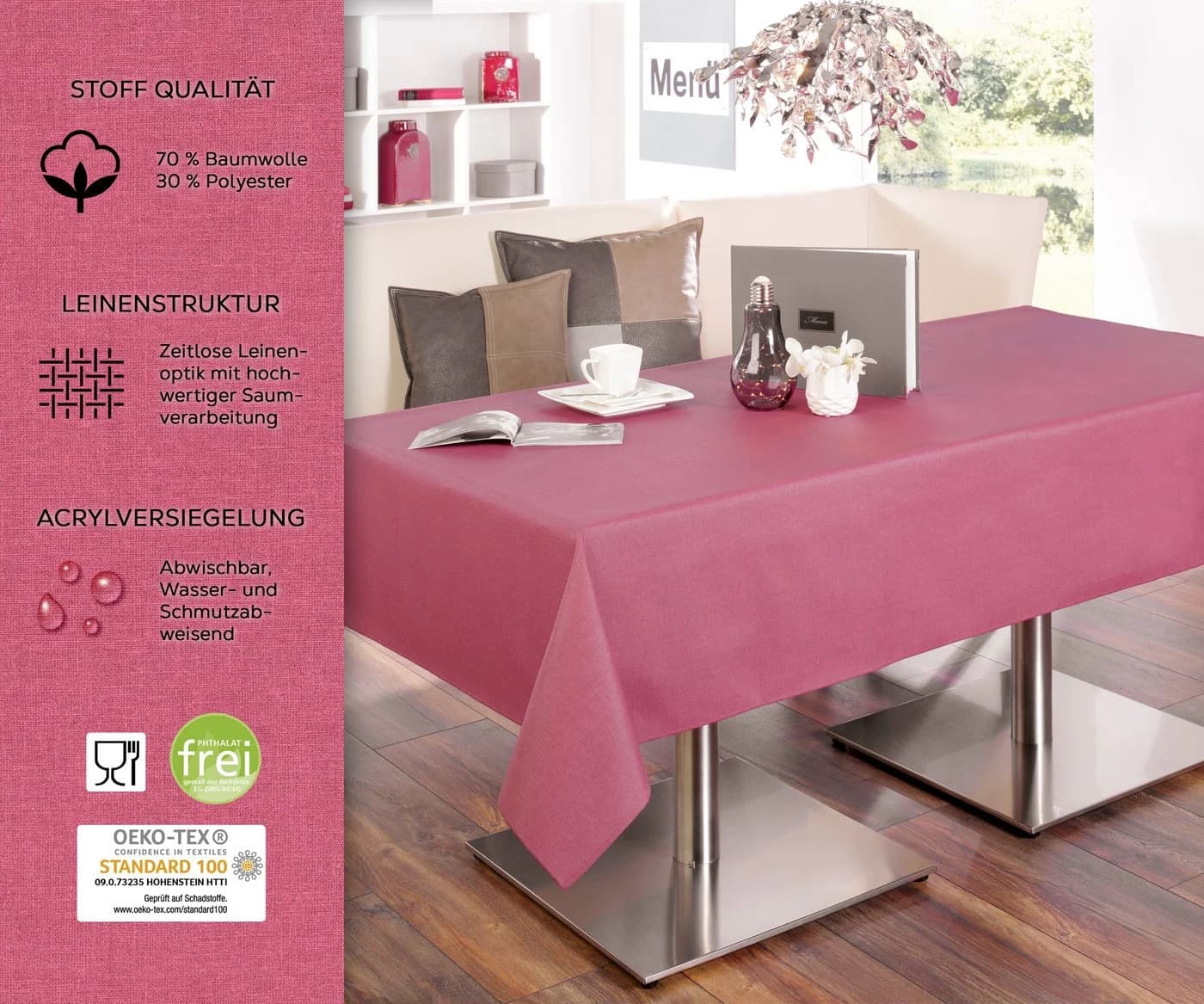 Beautex Tischdecke Tischläufer Leinen Struktur Baumwolle Abwischbar Rosa - Bild 3