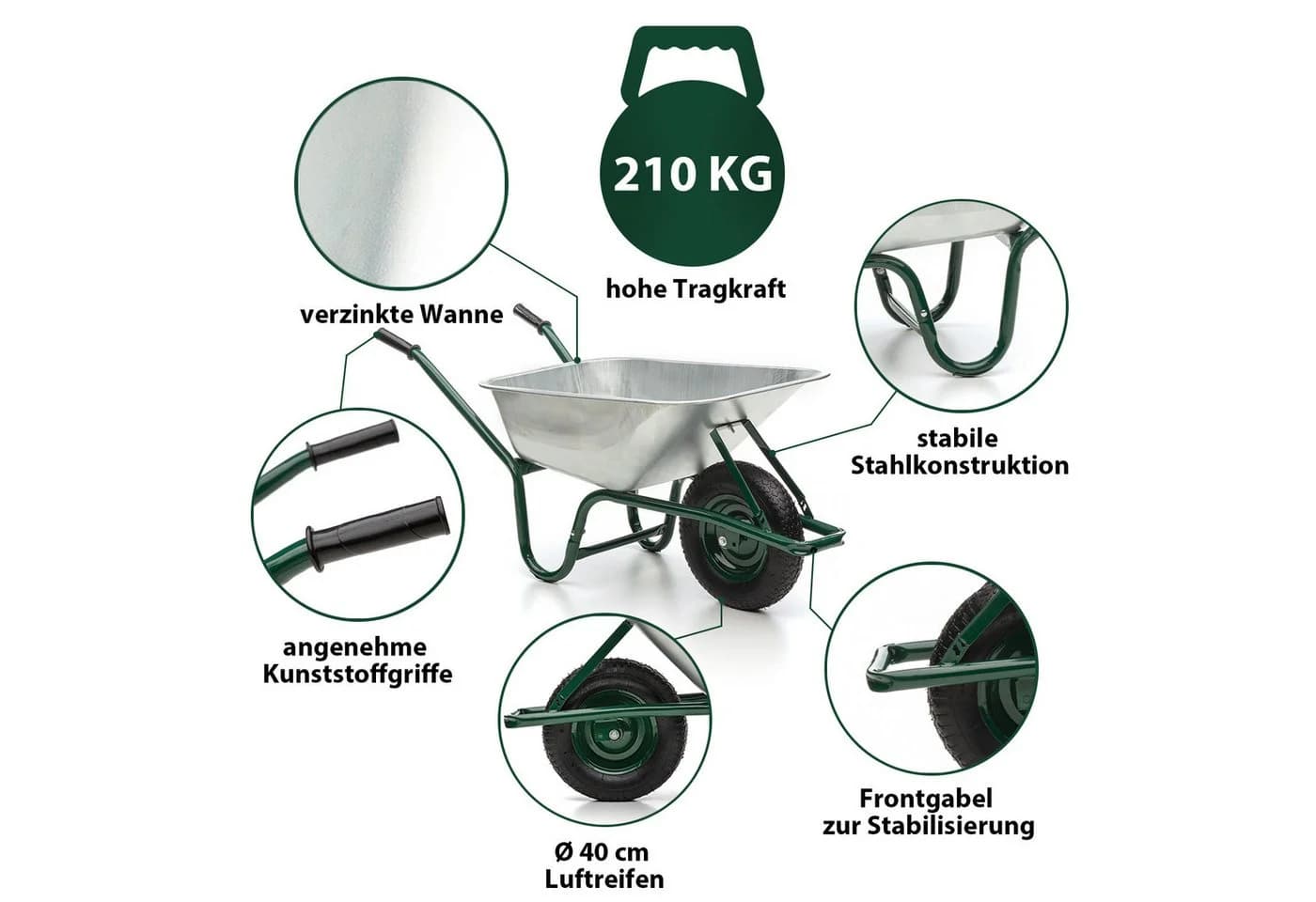 Midori Schubkarre Grün 100L Fassungsvermögen Traglast 210 kg