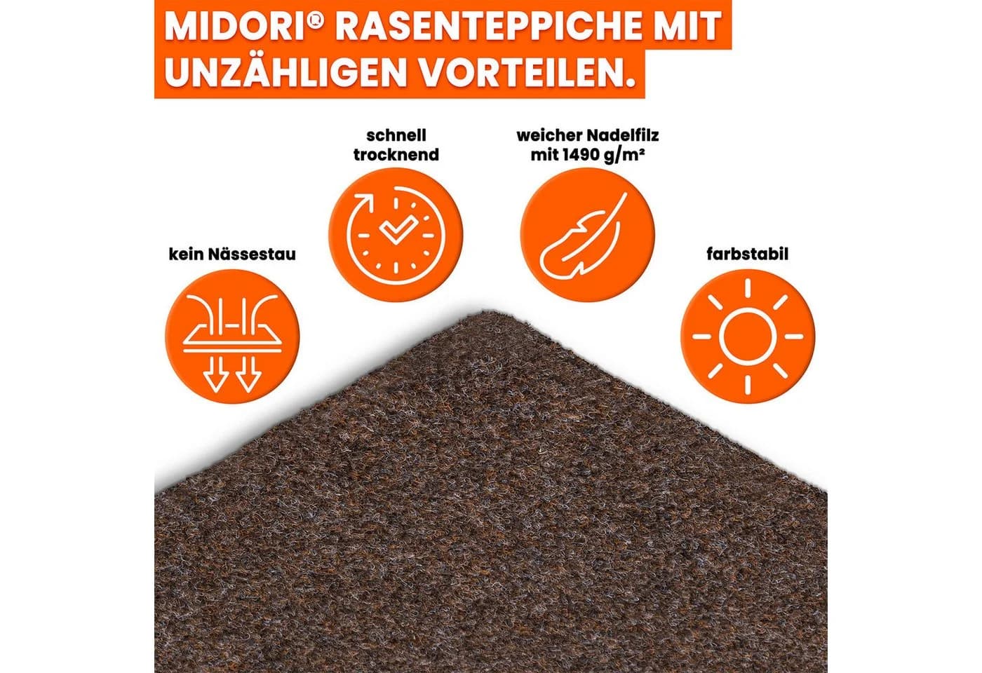 Midori Rasenteppich Kunstrasen Braun mit Drainage-Noppen