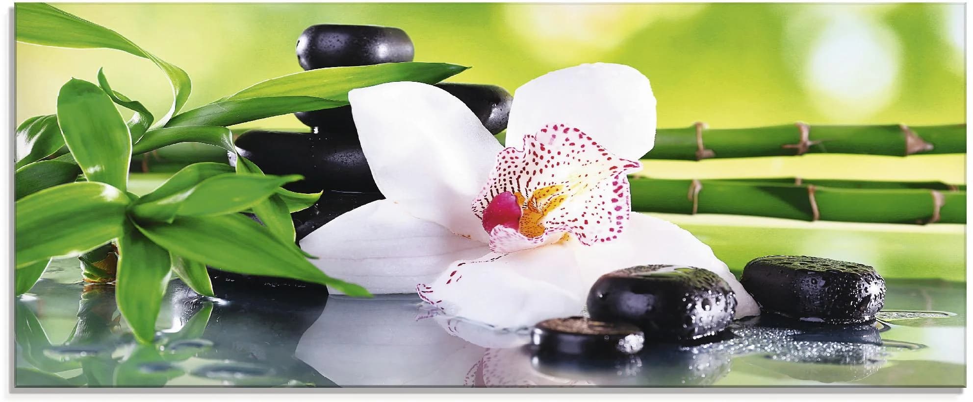 ARTLAND Glasbild Zen Motiv Spa Steine Bambus Orchidee Grün