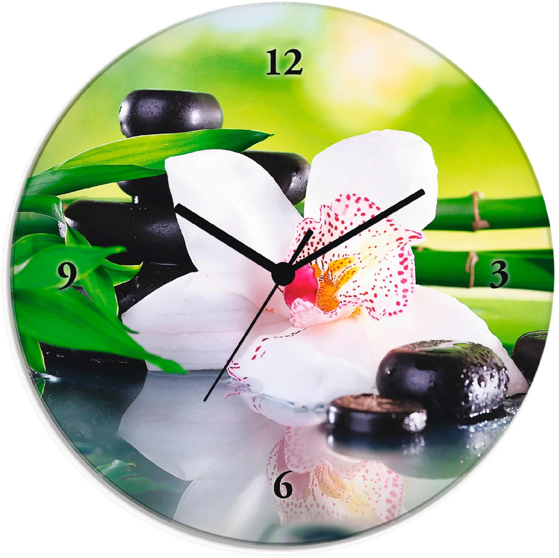 ARTLAND Wanduhr Spa Steine Bambus Orchidee Grün Glas