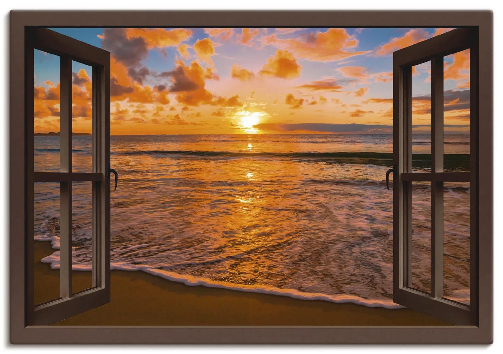 ARTLAND Leinwandbild Sonnenuntergang Strand Braun Querformat