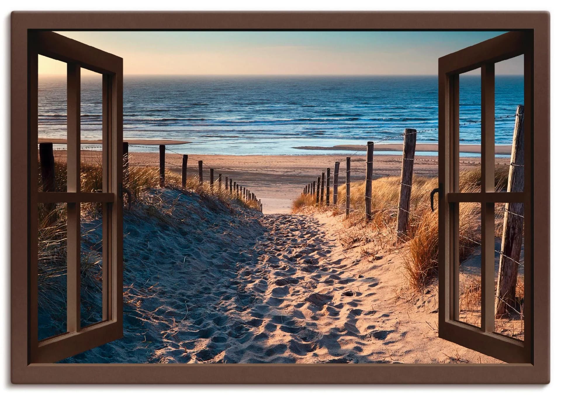 ARTLAND Leinwandbild Fensterblick Weg zum Nordseestrand Beige