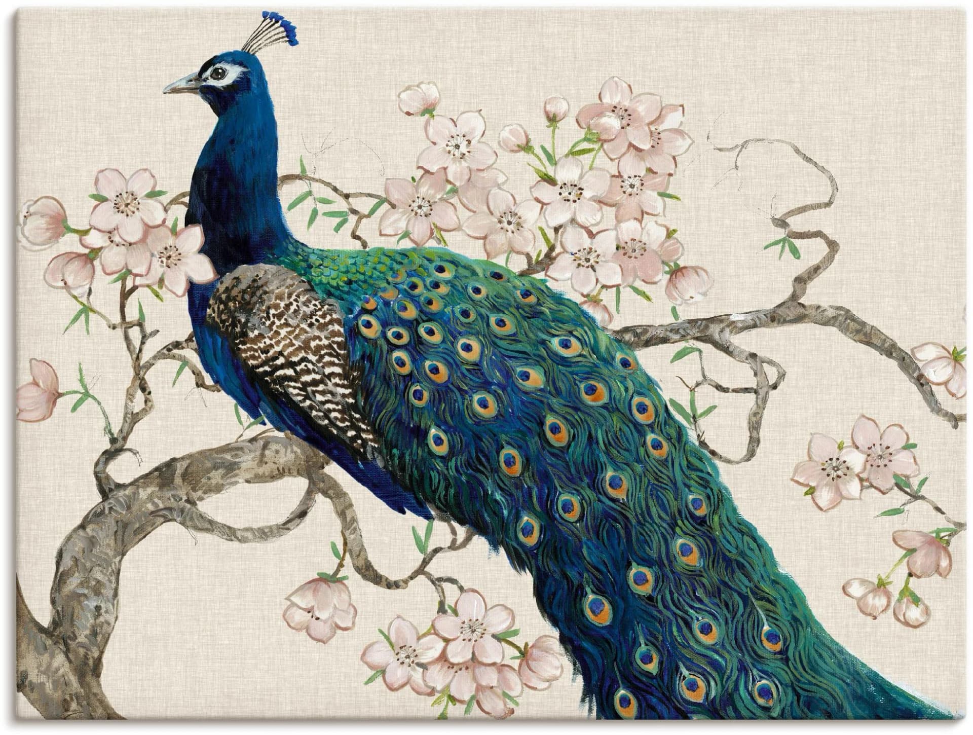 ARTLAND Wandbild Pfau & Blüten II Leinwand beige