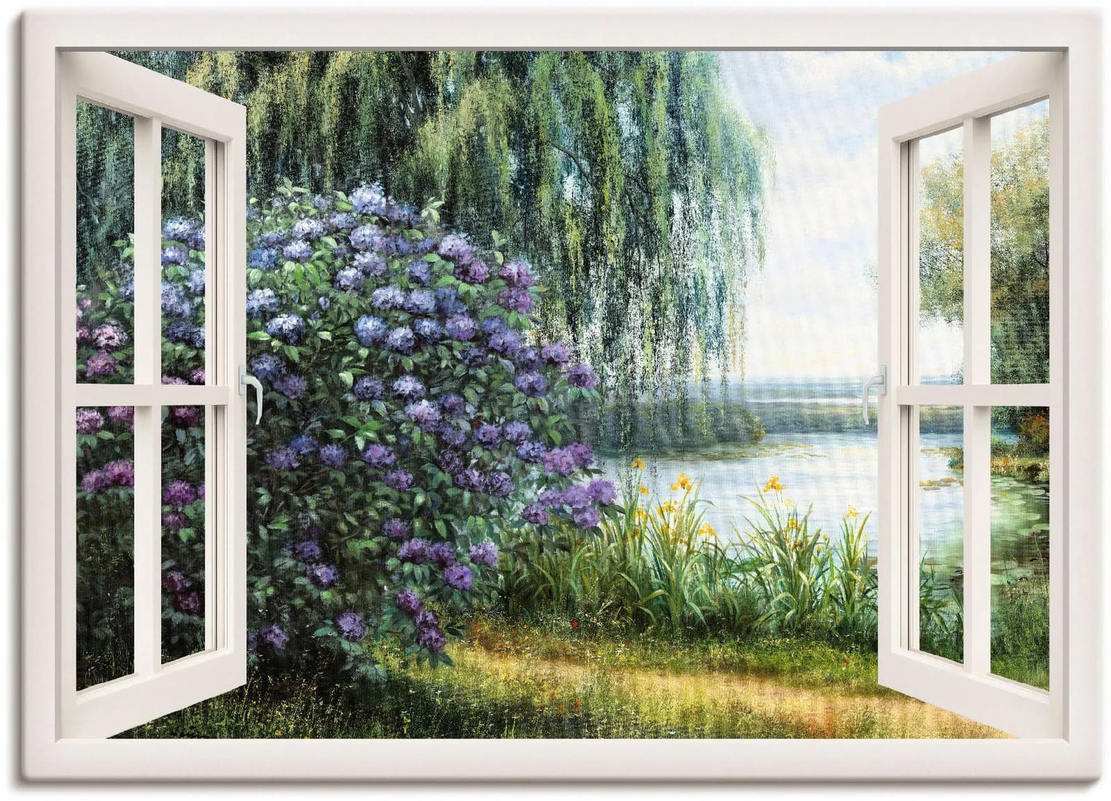 Artland Leinwandbild "Hortensien am See" Fensterblick 100x70 cm